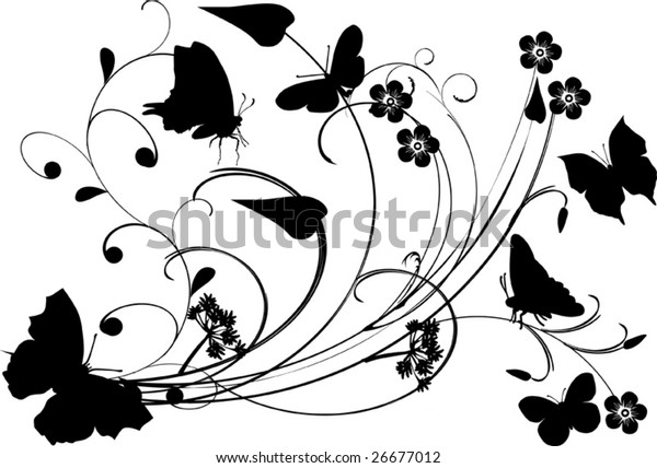 Illustration Flowers Butterflies Silhouette On White Stock Vector ...