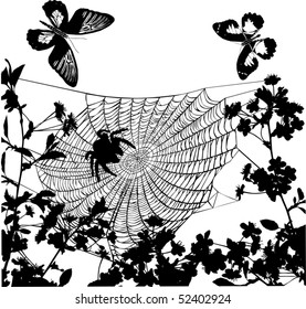 illustration with flowers, butterflies and spider