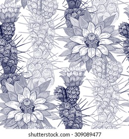 Illustration of flowers cactus on a white background. Vector seamless pattern. Floral ornament. Vintage. Designs for fabrics, textiles, paper, wallpaper, web, curtains, interior. Black and white.