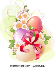 Illustration with flowers and colored eggs for Easter