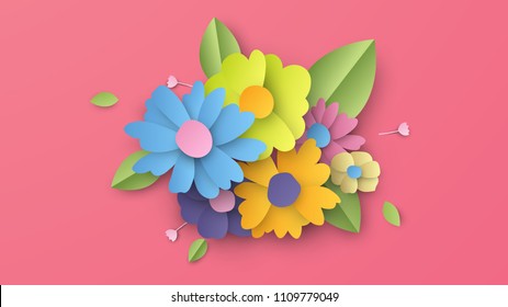 Illustration of flowers with the composition perfect in paper cut style. Colorful paper cut flowers. Paper craft and cut style. vector, illustration.