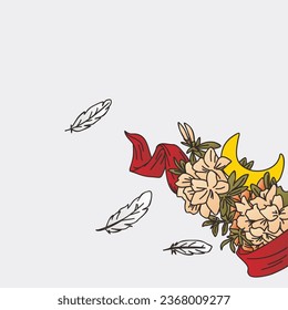 Illustration of flowers, crescent moon and flying feathers