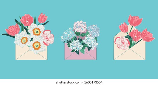 illustration with flowers and envelope, vector design