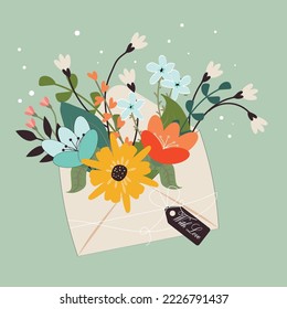 Illustration of flowers in an envelope. Vector for Valentine's Day and other users