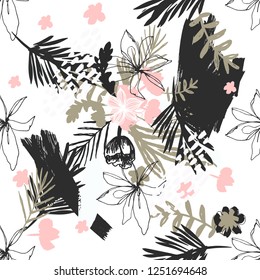 Illustration of  Flowers ,Exotic Leaves and Brush Strokes . Print for Surface , Invitation , Notebook, Banner , Wrap Paper ,Textiles, Cover, Magazine ,Postcard Background ,Textile , Fashion