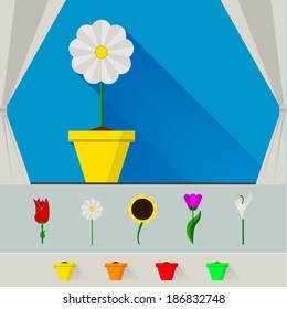 Illustration of flowers. Flower in yellow flowerpot on the window with white curtains. Set of flowers and color pots to select.