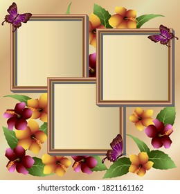 Illustration with flowers and frames.Butterflies, flowers and photo frames with gradient color in illustrations.