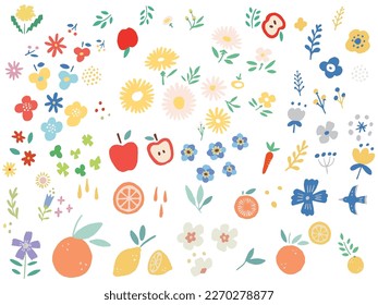 Illustration of flowers and fruits.Nordic, apple, clover, pattern, orange, lemon.