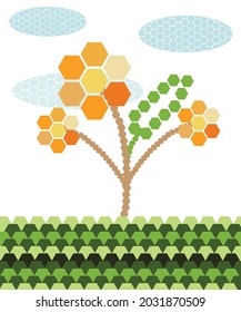 Illustration of flowers, grass, clouds with a honeycomb pattern.