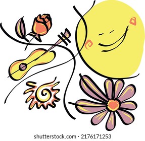 Illustration of flowers, guitar and sun. Cute Sun, Rose and Musical Instrument. Line Art.
