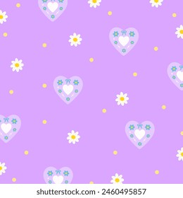Illustration of flowers, heart on a pastel purple background for floral print, girly pattern, kid clothes, dress, gift wrap, packaging, fabric, wallpaper, backdrop, picnic, Valentine card, textile, ad