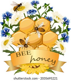 Illustration with flowers and honeycomb.Colored vector illustration with honeycomb, bees, flowers and text.