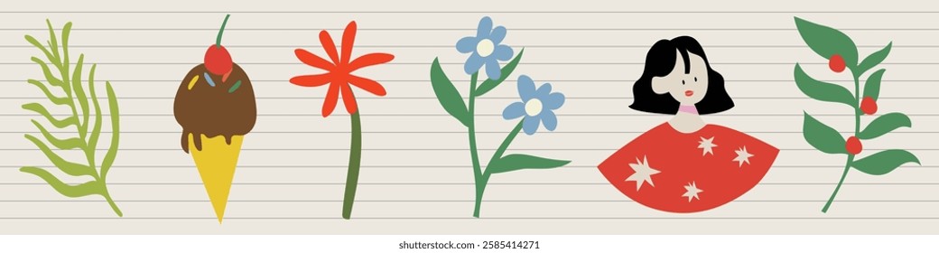 Illustration of flowers, an ice cream cone, and a person. Features a variety of flowers, ice cream, and a person with black hair. Colorful and playful design. Vector element set.