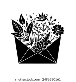 illustration of flowers and leaves in an envelope, black and white illustration: a delicate and elegant design capturing the timeless beauty of nature, perfect for various artistic and commercial app