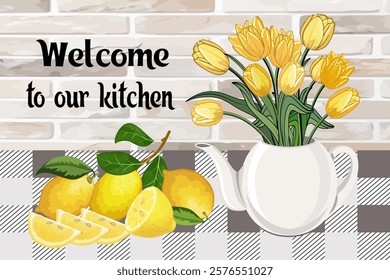 Illustration with flowers and lemons.Vector illustration with lemons and tulips in a vase.