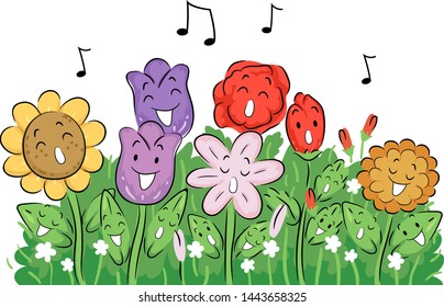 Illustration of Flowers Mascots Singing in the Garden with Music Notes Above Them