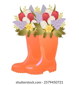 Illustration with flowers with orange rubber boots. Tulips, gladiolus, geocynths or lilacs on White background. 