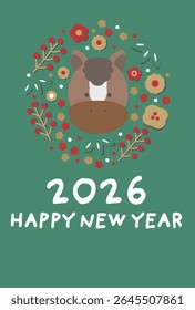 Illustration of flowers, plants, and horses New Year's card design 2026 Year of the Horse