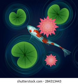 Illustration with flowers pond pink water lily or lotus and fish the river carp. Showing the depth and diversity. It can be a river, lake, swamp or aquarium. Shades of blue, pink, green, orange, white