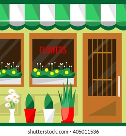 Illustration of a flowers shop. Little cute retro house and store, boutique with green awning. Floral building. Consumer flowerpot. Vector flat style icon. Florist outlet. Lovely plants