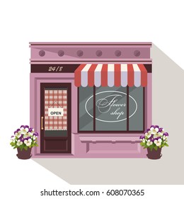 Illustration of a flowers shop. Little cute retro house and store, boutique with green awning. Floral building. Consumer flowerpot. Vector flat style icon. Florist outlet. Lovely plants