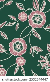 illustration of flowers and stems arranged on a green background. Seamless floral background.