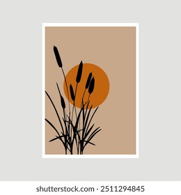 Illustration of flowers at sunset vector. Poster design, artwork. Nature Art Design, Wall Decor, artwork.