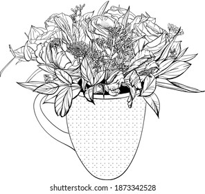  illustration of flowers in a tea mug in monochrome color, vector graphic illustration on white background