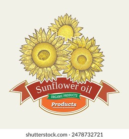 Illustration with the flowers of those sunflowers, in the form of a label for packaging sunflower oil. Vector illustration.