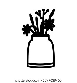 illustration of flowers in vase in vector doodle line art style. High resolution and editable icon set perfect for symbol, logo, design element or poster for decoration of home or kitcen of cafe.