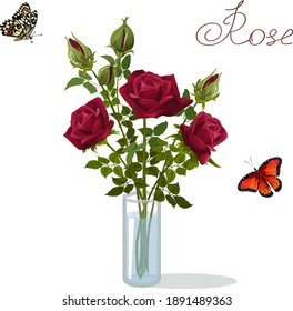 Illustration with flowers in a vase.Vase with a bouquet of roses on a white background in color vector illustration.