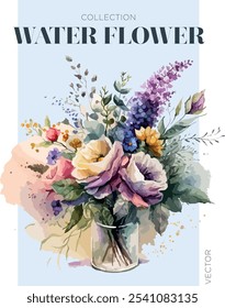 Ilustración de flores en acuarela. Cartel de WaterFlower. Diseño gráfico en Vector