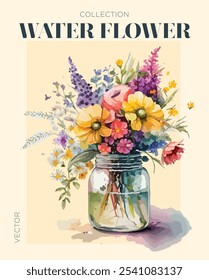 Ilustración de flores en acuarela. Cartel de WaterFlower. Diseño gráfico en Vector