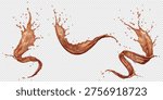 Illustration of flowing cola or coffee liquid with dynamic splashes on transparent background. The fluid movement suggests energy and motion, perfect for design and advertising.