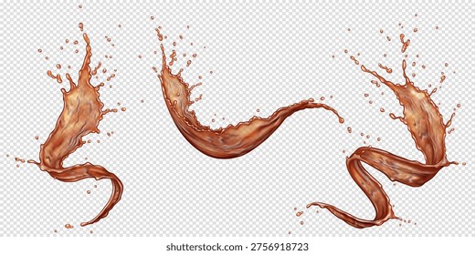 Illustration of flowing cola or coffee liquid with dynamic splashes on transparent background. The fluid movement suggests energy and motion, perfect for design and advertising.