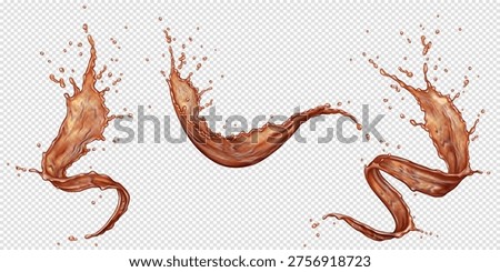 Illustration of flowing cola or coffee liquid with dynamic splashes on transparent background. The fluid movement suggests energy and motion, perfect for design and advertising.