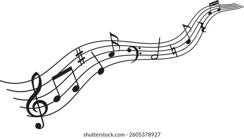 Illustration of flowing musical notes (black)