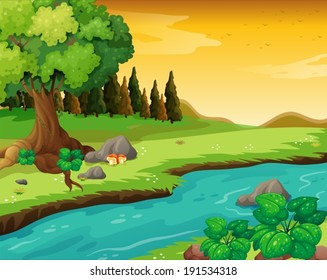 Illustration the flowing river at the forest