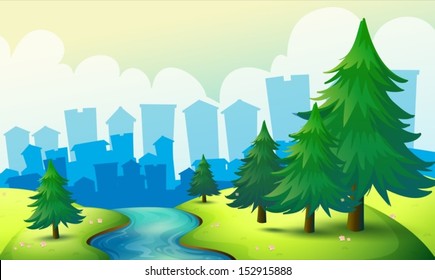 Illustration of a flowing river at the hill with pine trees