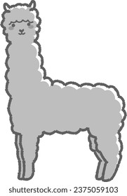 Illustration of a fluffy alpaca (full body) black and white