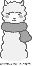Illustration of a fluffy alpaca wearing a scarf (front facing face) black and white