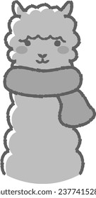 Illustration of a fluffy alpaca wearing a scarf (front facing face) black and white