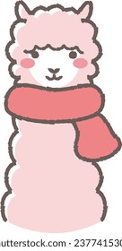 Illustration of a fluffy alpaca wearing a scarf (front facing face)