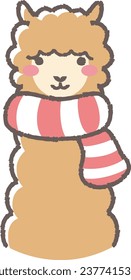 Illustration of a fluffy alpaca wearing a scarf (front facing face)