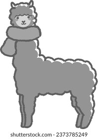 Illustration of a fluffy alpaca wrapped in a scarf (full body) black and white