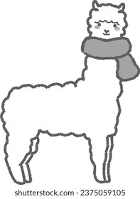 Illustration of a fluffy alpaca wrapped in a scarf (full body) black and white