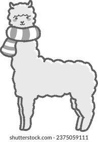 Illustration of a fluffy alpaca wrapped in a scarf (full body) black and white