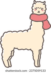 Illustration of a fluffy alpaca wrapped in a scarf (full body)