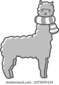 Illustration of a fluffy alpaca wrapped in a scarf (full body) black and white