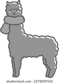 Illustration of a fluffy alpaca wrapped in a scarf (full body) black and white